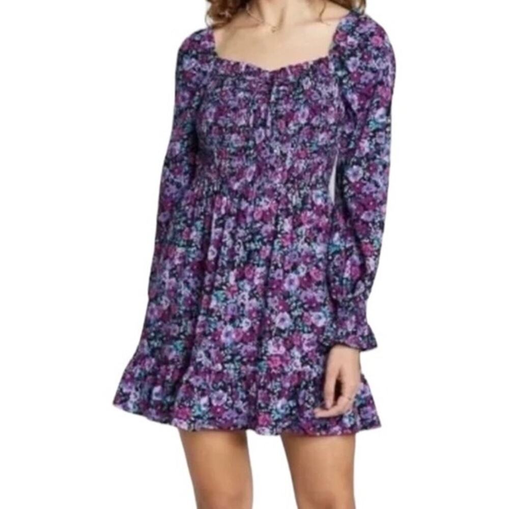Wild Fable Purple Floral Smocked Long Sleeve Mini Dress Size Large